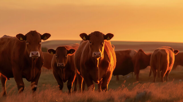 A herd of cows looking at the camera in Orkney countryside at sunset, generative ai