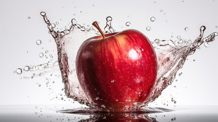 Fototapeta na wymiar Fresh red apple and splash of water on white background, generative ai