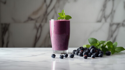 Fototapeta na wymiar Glass of blueberry smoothie with mint and fresh berries. Generative ai