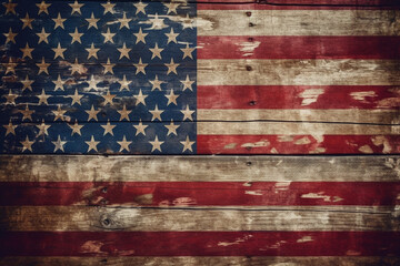 Fototapeta na wymiar Illustration of a United States flag painted on old wood planks. Generative AI. 