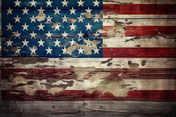 Fototapeta na wymiar Illustration of a United States flag painted on old wood planks. Generative AI. 