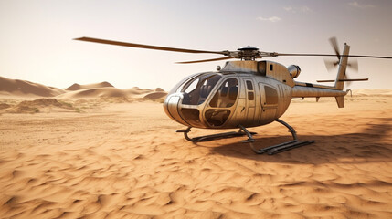 Fototapeta na wymiar Illustration of a military helicopter landing in the desert. Generative AI. 