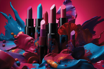 3d rendering Lipsticks and makeup products on colorful background