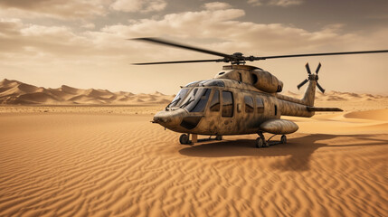 Fototapeta na wymiar Illustration of a military helicopter landing in the desert. Generative AI. 