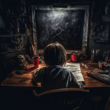 A Boy Seated at a Desk in a Dark Bedroom Drawing Scary Pictures Generative AI