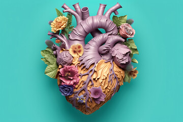 3D heart model embellished with an exquisite arrangement of pastel-hued flowers and graceful leaves, adding a touch of elegance and sweetness. generative AI.