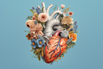 3D heart model embellished with an exquisite arrangement of pastel-hued flowers and graceful leaves, adding a touch of elegance and sweetness. generative AI.