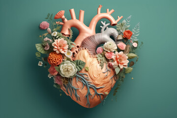 3D heart model embellished with an exquisite arrangement of pastel-hued flowers and graceful leaves, adding a touch of elegance and sweetness. generative AI.