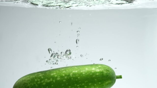 A fresh Winter melon (Benincasa hispida) falling into the transparent water on white background and making air bubbles. Food commercial concept