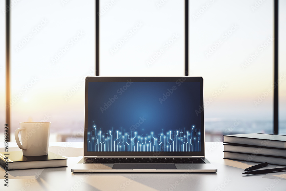 Aufkleber Creative abstract micro chip hologram on modern computer monitor, artificial intelligence and machine learning concept. 3D Rendering
