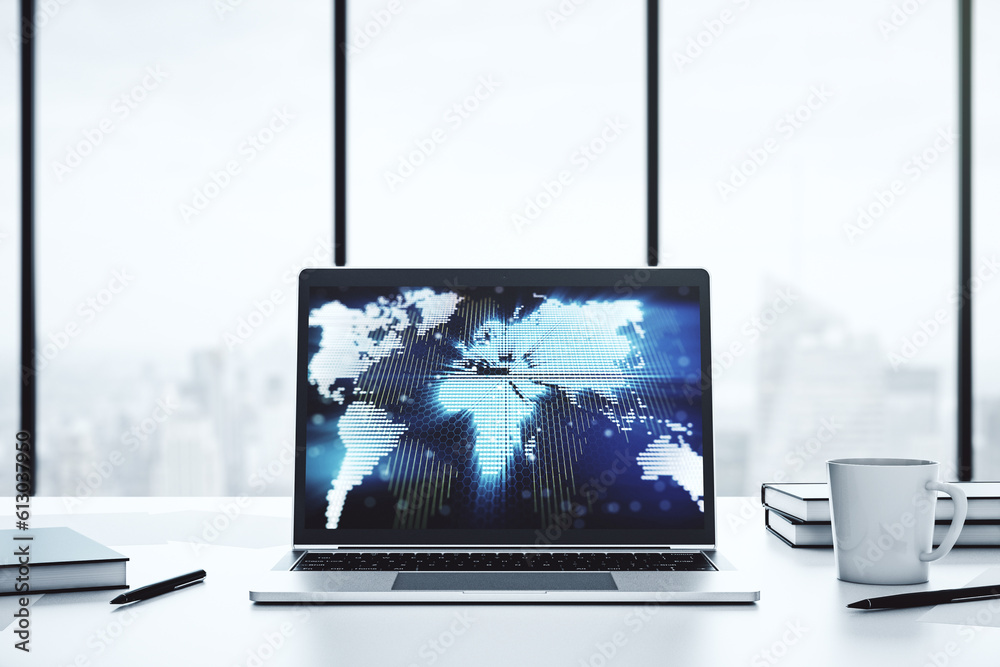 Leinwandbilder Modern computer monitor with abstract digital world map, research and strategy concept. 3D Rendering