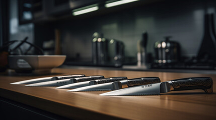 Obraz na płótnie Canvas set of kitchen knives on a wooden table, generative ai
