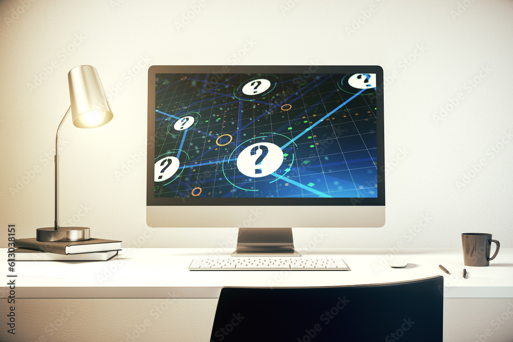 Aufkleber creative abstract question mark sketch on modern laptop monitor, faq and research concept. 3d render