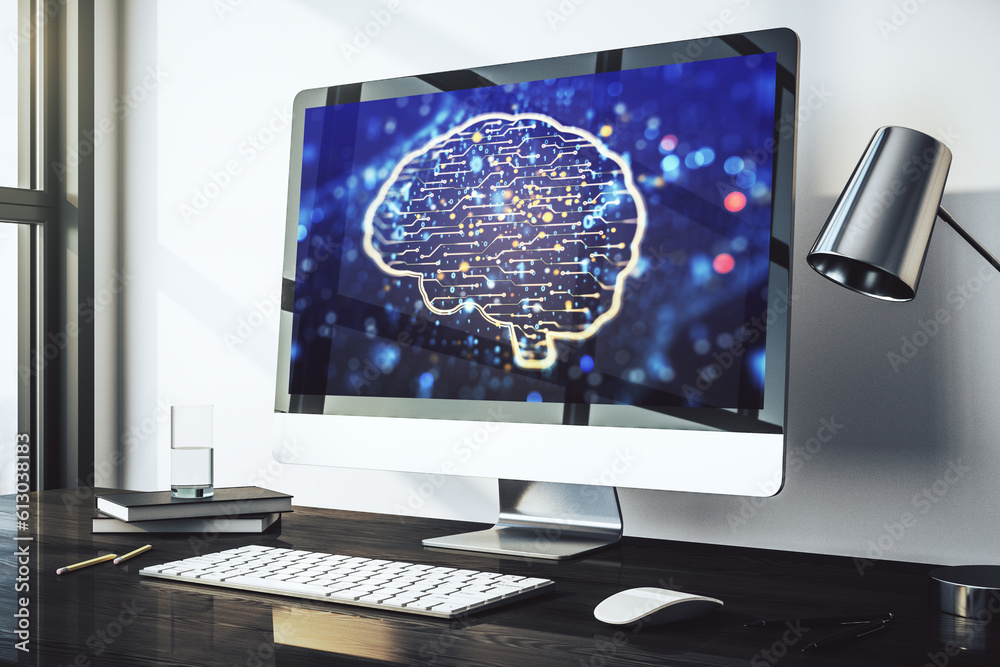 Leinwandbilder Modern computer display with creative human brain microcircuit. Future technology and AI concept. 3D Rendering