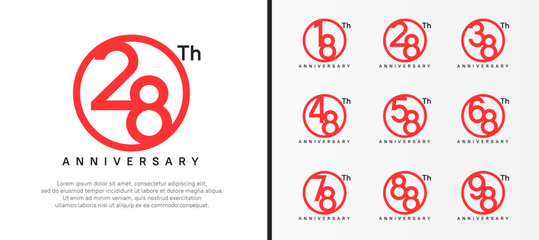 set of anniversary logo red color number in circle and black text on white background for celebration