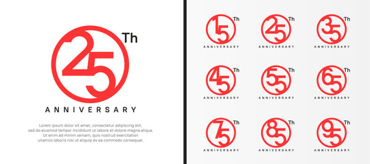 set of anniversary logo red color number in circle and black text on white background for celebration