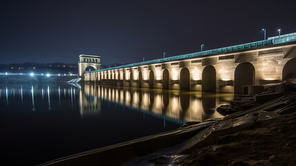 Fototapeta na wymiar View of the hydroelectric power plant on the river, dusk, long exposure, generative ai