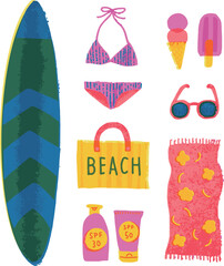 beach essentials 夏に海辺で使うサーフボードやサングラスやビキニなどのイラストセット