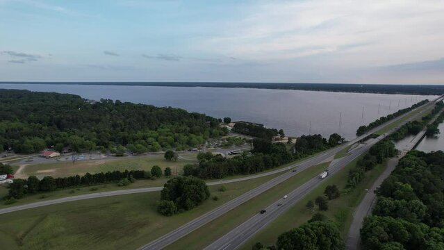 Aerial views from over Lake Marion at Santee, SOuth Carolina. 