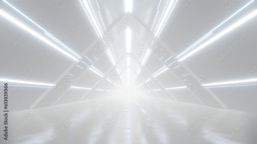 Poster 3d rendering of white abstract sci-fi tunnel, Futuristic triangle spaceship corridor.