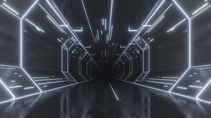 3d rendering of dark abstract sci-fi tunnel, Futuristic spaceship corridor.