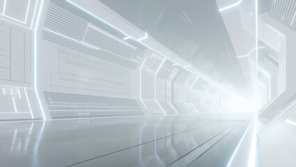 3d rendering of white abstract sci-fi tunnel, Futuristic spaceship corridor.