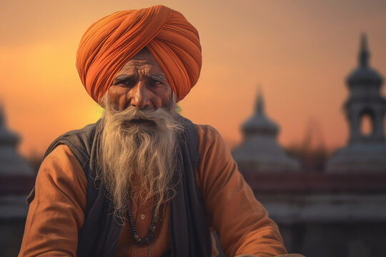 Portrait of Indian senior male Sadhu Baba. Generative Ai