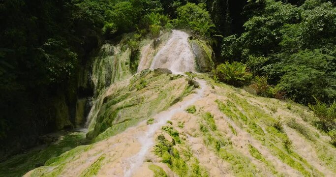 Beautiful top down view of Bilawa Mainit Hot Waterfall. Davao de Oro. Mindanao, Philippines.