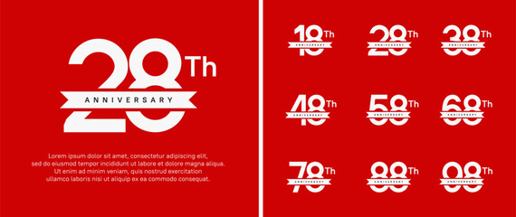 set of anniversary logo white color number and white ribbon on red background for celebration