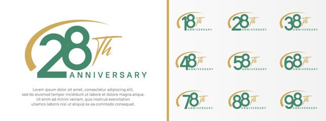 set of anniversary logo green color number and brown swoosh on white background for celebration