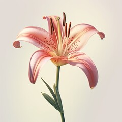 a pink flower with green stem on white background