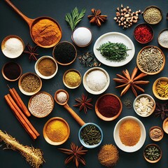 Spice Up Your Life. A Wide Variety of Spices and Herbs on a Black Table Background with Ample Space for Text or Labeling. generative ai.