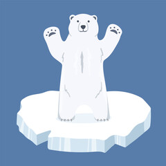 White polar bear stands on paws on ice floe. Vector flat cartoon illustration.