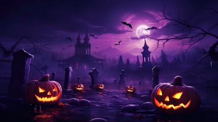 Halloween with jack - o' - lanterns and haunted house at spooky night and bat, Generative AI