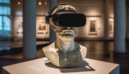 A VR headset in a museum glass display, Generative AI - obrazy, fototapety, plakaty