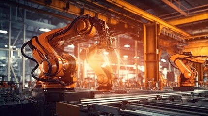 Obraz premium Industrial machine robot arm automation. Industry 4.0 concept. Smart factory. Generative AI.