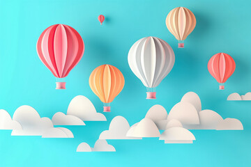 Paper art , Balloons colorful floating in air blue sky background , Created with generative AI