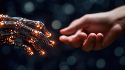Hands of robot handshake human. Machine learning. Science and  AI, Artificial intelligence technology, innovation and futuristic. Generative AI.