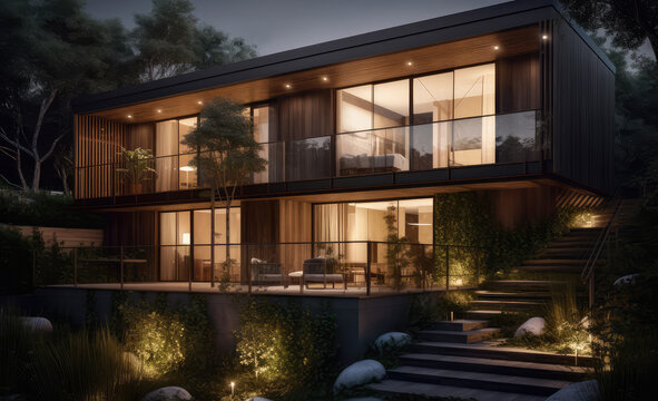 3d real estate house render at night with greenery on view, generative AI