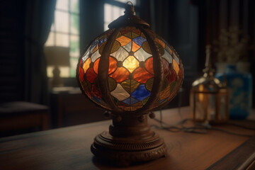 Fototapeta na wymiar rustic lamp made of wood, with colored stained glass, Generative AI