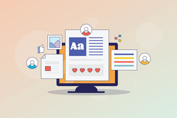 Content marketing strategy development. Blog content writing. Content promotion on social media driving traffic to the website. outline vector illustration.