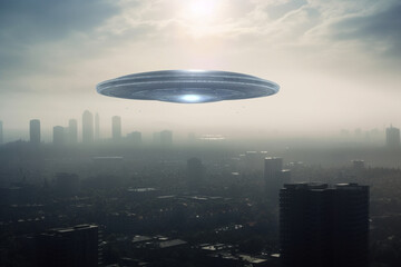 alien flying saucer flying over a city during the day, Generative AI