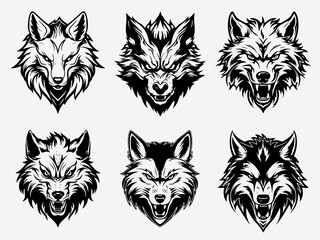 Fototapeta na wymiar A powerful and striking wolf head illustration in black and white set, showcasing the intricate details of its fur and intense gaze