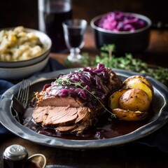 Hearty German Sauerbraten with Red Cabbage and Potato Dumplings