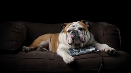 A comical bulldog lounging on a couch with a remote control in its paw