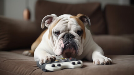 A comical bulldog lounging on a couch with a gamepad in its paw