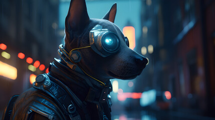 A dog wearing a futuristic outfit, cyberpunk-style cityscape. Generative AI