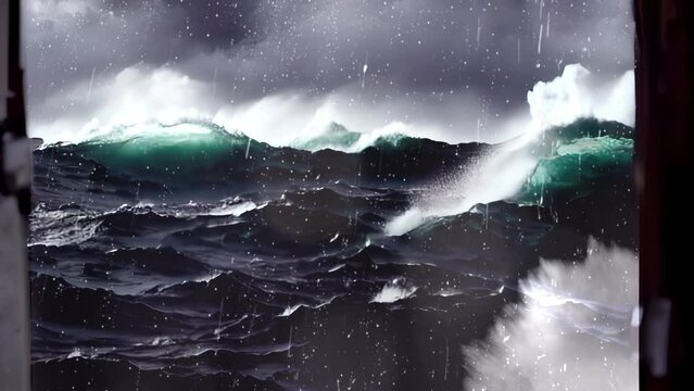 Ship in stormy sea massive waves, rain and splashing water
Large waves from Inside of Ship pov

