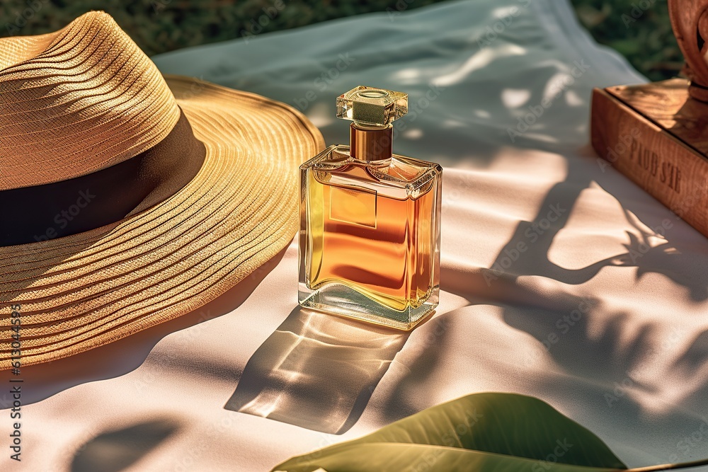 Wall mural perfume bottle in beige color with summer hat on the edge of a pool. product mockup theme. generated