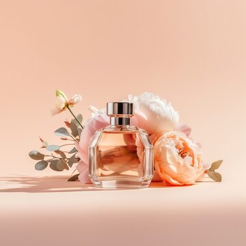 Glass perfume bottle mockup with flowers on pastel background. Natural beautiful feminine smell scent concept. Generated AI.